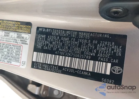 2005 Toyota Camry Le из США, поврежденный, VIN 4T1BE32K75U625789